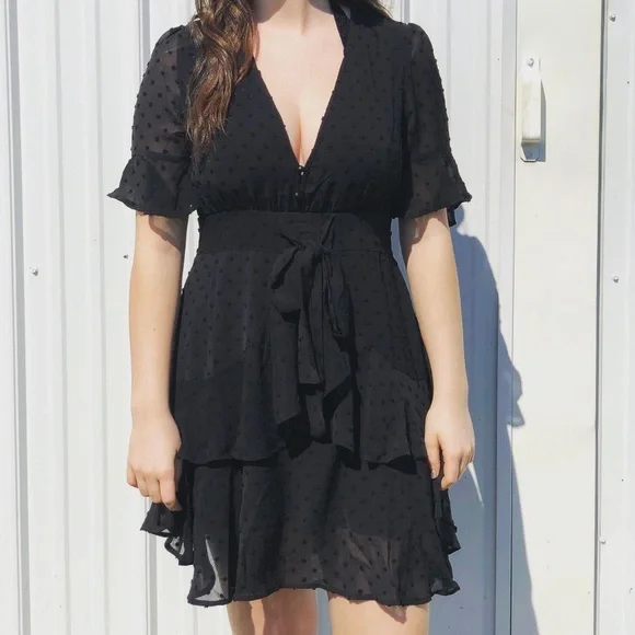 black swiss dot dress SWISS DOT BUBBLE SLEEVE KNEE LENGTH DRESS IN BLACK-2x – Love Marlow